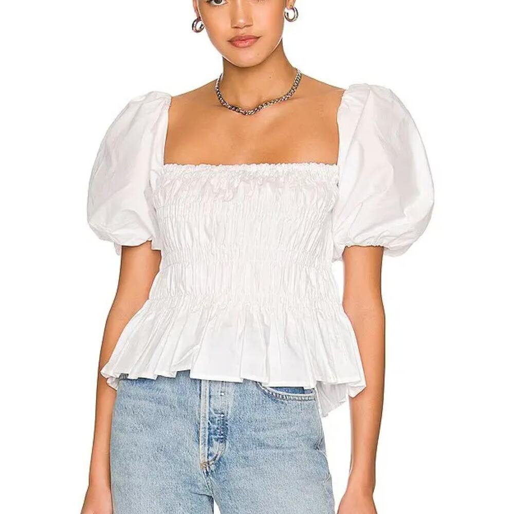 ASTR White Smocked Puff Sleeve Peplum Top Square Neck Size Large